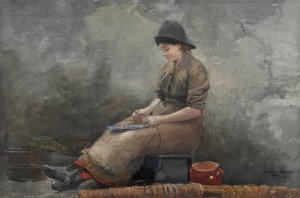 Main Product Photo of A Fishergirl Baiting Lines Painting by Winslow Homer