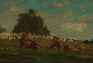 Main Product Photo of Boy and Girl in a Field with Sheep Painting by Winslow Homer
