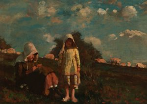 Main Product Photo of Two Girls with Sunbonnets In a Field Painting by Winslow Homer