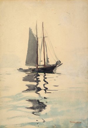 Main Product Photo of Two-Masted Schooner with Dory Painting by Winslow Homer