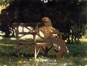 Main Product Photo of Woman on a Bench also known as Girl on a Garden Seat Painting by Winslow Homer